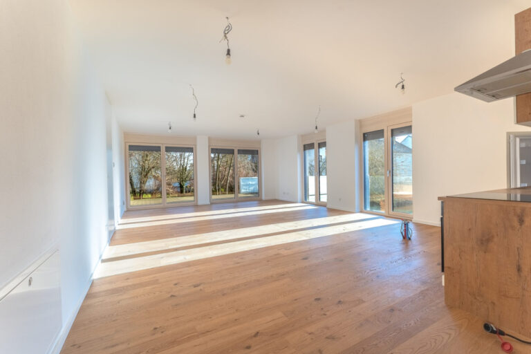 Blick von der offenen Küche in den Wohn- und Essbereich