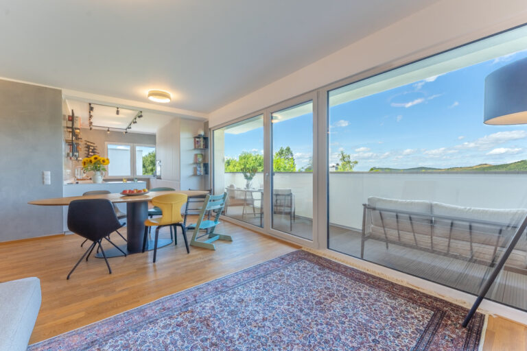 Blick vom Sofa über den Essbereich in die offene Küche und auf den Balkon