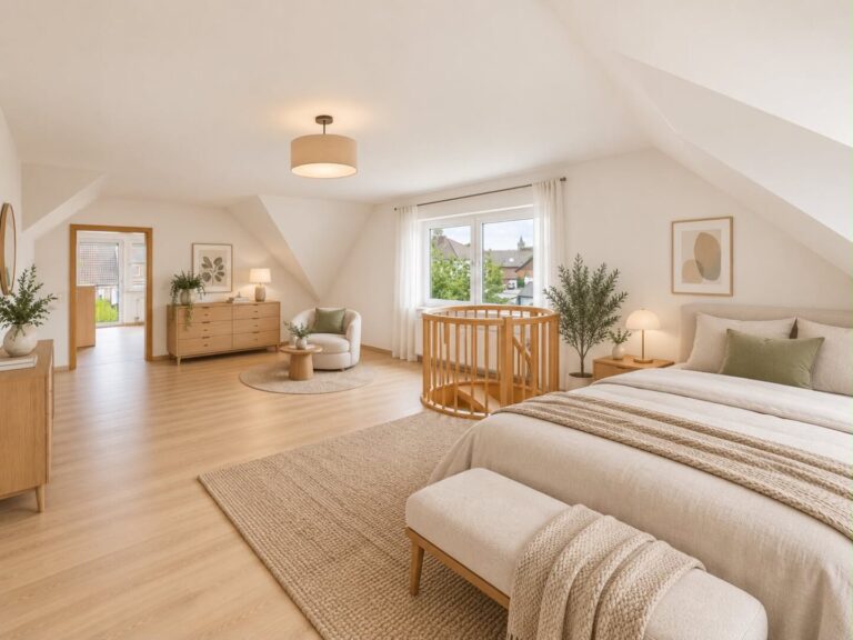 Anbau (OG) - Schlafzimmer 1 mit Treppe (KI animiert)