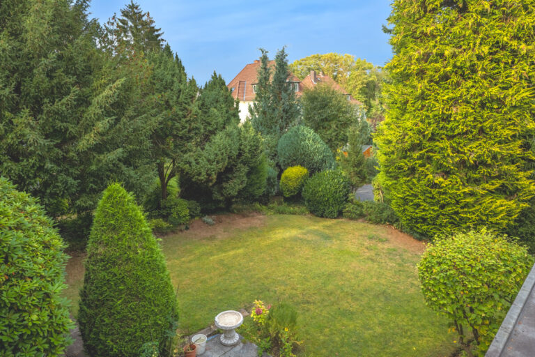 Blick in den Garten von der Terrasse am Wintergarten